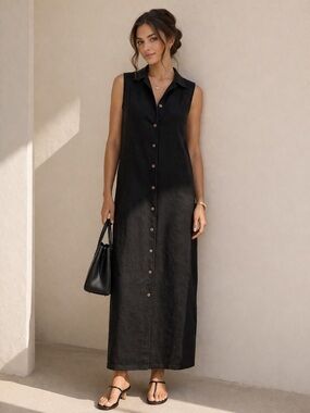 Ports International Black Linen Dress Sleeveless Button Front Maxi Minimalist